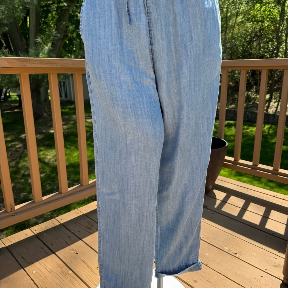 Boston Proper Blue Chambray Jumpsuit Size XS button up front tie elastic waist - Picture 5 of 12